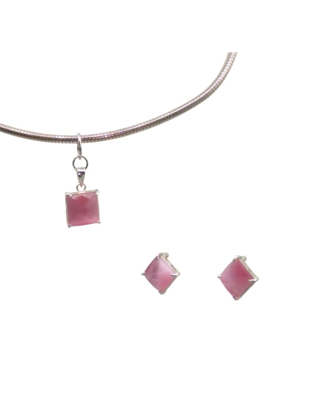 Vintage Omega Collar Necklace Parure, Silver Tone with Faceted Cushion Cut Pink